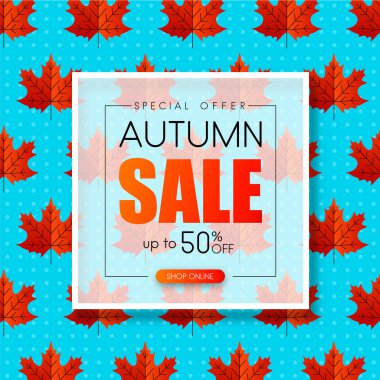 Sonbahar Satılık. Promosyon posteri ile kırmızı akçaağaç yaprakları. Online alışveriş. Vektör arka plan. 