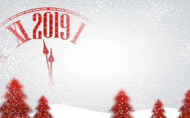 Mutlu yeni yıl 2019 parlak poster kırmızı saat ve köknar ile. Vektör arka plan