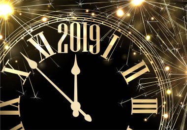 Altın saat ve ışıltı havai fişek ile siyah yeni yıl 2019 kartı. Vektör arka plan