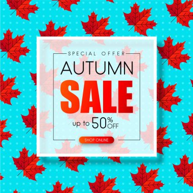 Sonbahar Satılık. Promo poster ile kırmızı akçaağaç yaprakları. Özel fırsat. Vektör arka plan. 