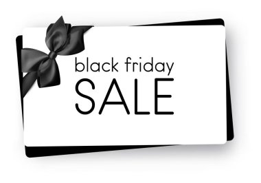 Siyah Cuma satışı. Hediye kartı kağıt şablonu saten yay ile. Vektör 