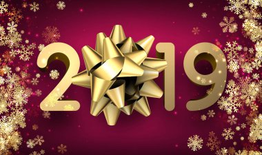 Pembe 2019 yeni yıl poster kar taneleri ve altın 3d yay ile. Vektör arka plan.