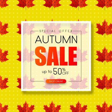 Sonbahar Satılık. Promosyon afiş ile güzel akçaağaç yaprakları. Özel fırsat. Vektör