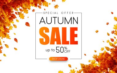 Sonbahar % 50 satış. Özel fırsat. Turuncu yaprakları ile promosyon posteri. Vektör
