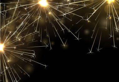 Siyah poster altın ışıltı havai fişek ile. Festival dekorasyon. Vektör arka plan