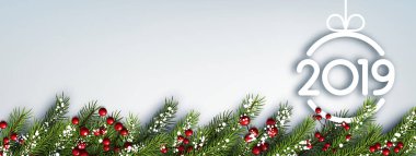 Festival yeni yıl 2019 afiş çam dalları, holly Karpuzu ve kar ile. Vektör arka plan