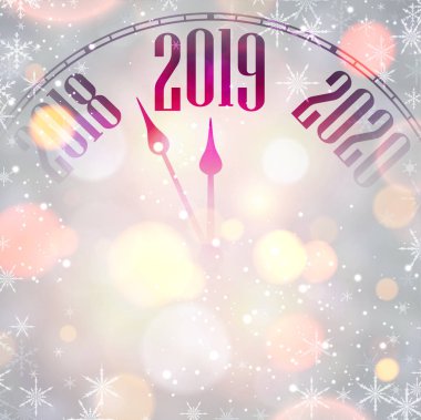 Saat ve kar taneleri ile bulanık yeni yıl 2019 kartı