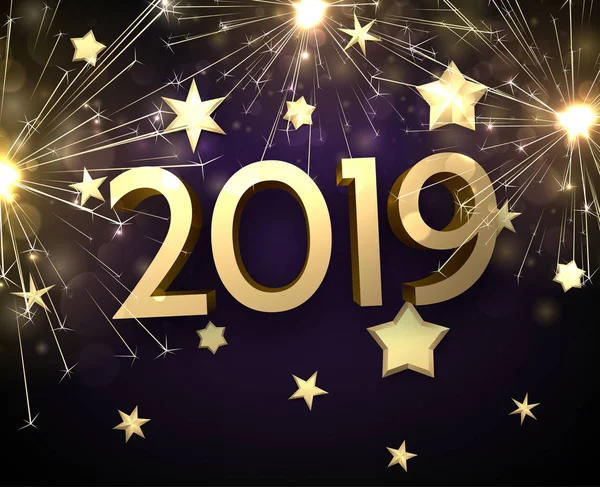 Feliz Ano Novo 2019 Cartão Com Estrelas Douradas Fogos Artifício — Vetor de Stock