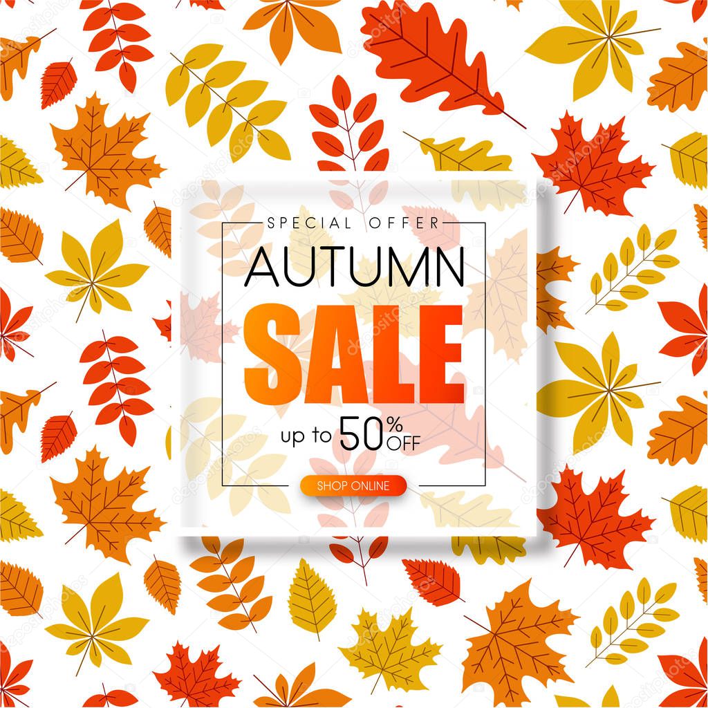 Autumn sale. Promo poster with golden leaves. Special offer. Vector