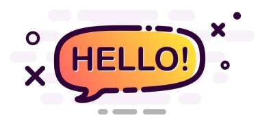 Poster turuncu degrade konuşma balonu ile Merhaba. Vektör arka plan.