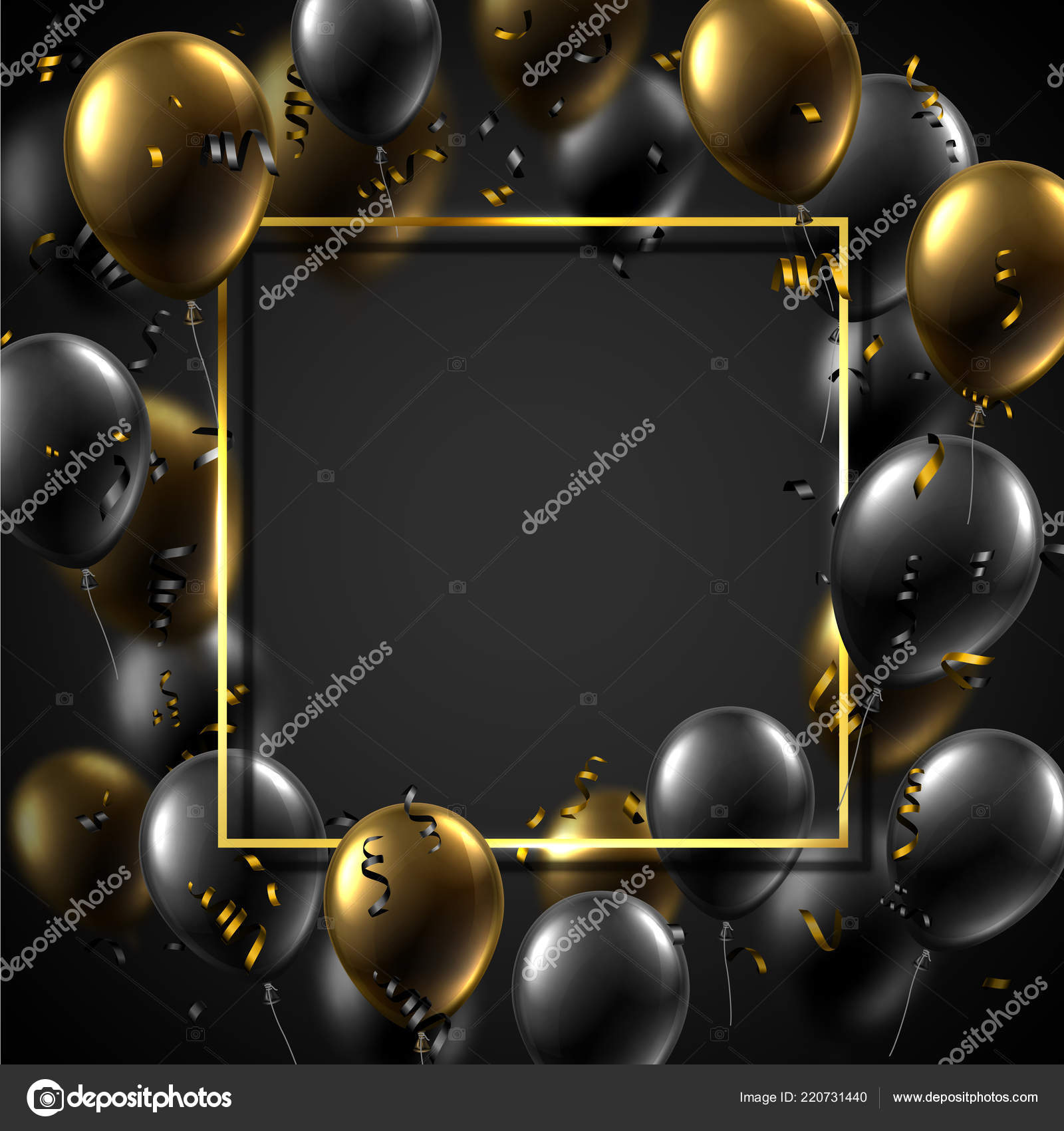 Tarjeta Festiva Con Marco Cuadrado Globos Brillantes Negros Dorados  Serpentina Vector de stock por ©Maxborovkov 220731440