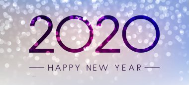 Lila parlak mutlu yeni yıl 2020 afiş. Bokeh etkisi. Vektör arka plan.