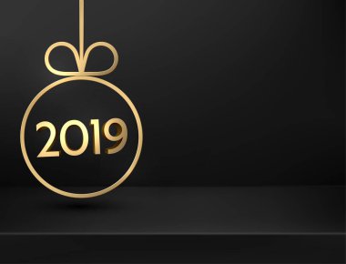 Siyah 2019 yeni yıl poster altın Noel top ile. Vektör arka plan.