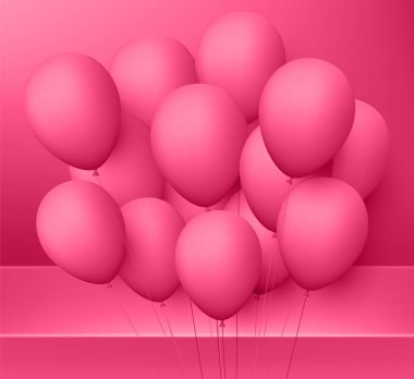 Balonlar ile parlak pembe şenlikli kartı. Tatil, Doğum günü, yıldönümü, parti dekorasyon. Vektör arka plan