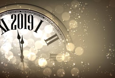 Altın yeni yıl 2019 kartıyla bulanık saat. Vektör bokeh arka plan