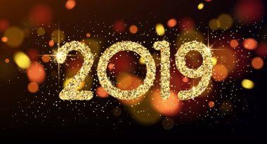 Parlak 2019 mutlu yeni yıl tebrik posteri. Vektör arka plan.