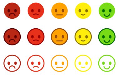 Küme hizmeti memnuniyeti derecelendirme ölçekleri renkli ifadeleri düğmeleri ile. Düz smiley simgeleri farklı renklerde. Vektör çizim