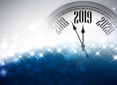 Mavi soyut parlak 2019 yeni yıl kartı ile masa saati. Bokeh etkisi. Vektör arka plan.