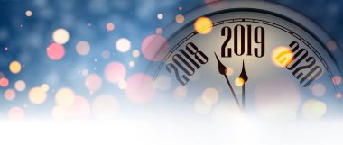 Mavi bulanık yeni yıl 2019 afiş yaratıcı saati ile. Vektör arka plan.