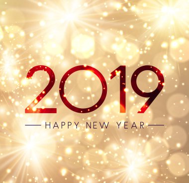 Parlak mutlu yeni yıl 2019 kartıyla altın havai fişek. Vektör arka plan.