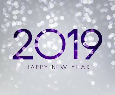 Bokeh zemin ile gümüş parlak mutlu yeni yıl 2019 kartı. Vektör arka plan.