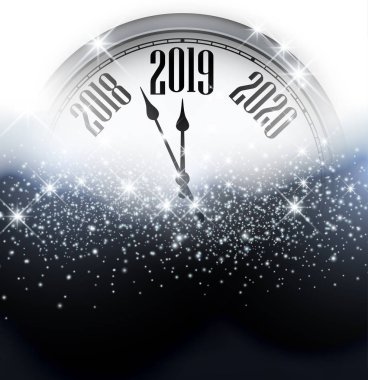 Gri soyut parlak 2019 yeni yıl kartı ile masa saati. Bokeh etkisi. Vektör arka plan.