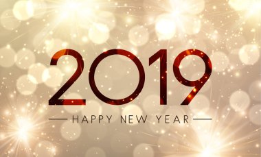 Altın havai fişek ile parlak mutlu yeni yıl 2019 poster. Vektör arka plan.