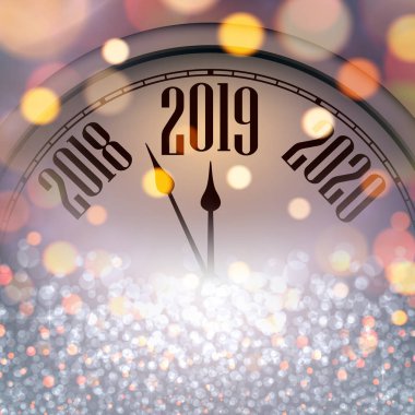 Saati ile soyut parlak 2019 yeni yıl kartı. Bokeh etkisi. Vektör arka plan.
