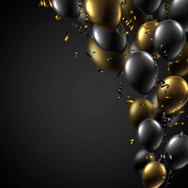 Affiche Festive Avec Ballons Brillants Noirs Dorés Serpentine Design Vacances — Image vectorielle