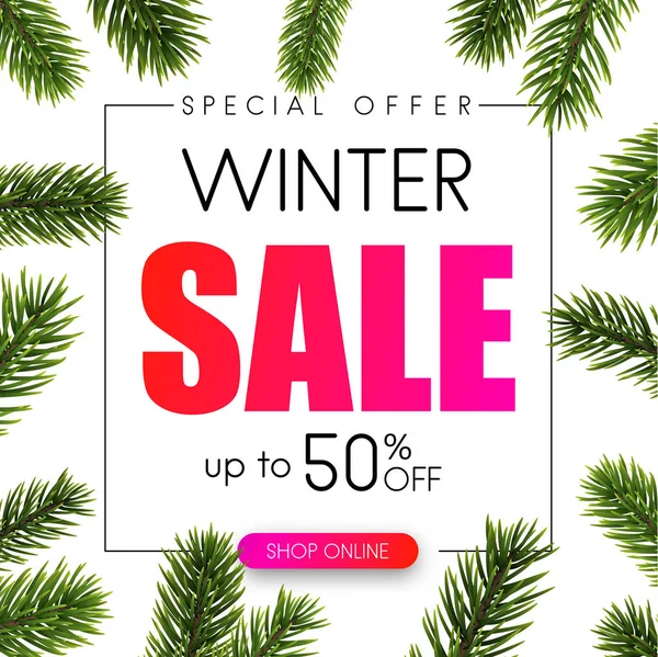 Vente Hiver Affiche Promotionnelle Blanche Avec Branches Sapin Offre Spéciale — Image vectorielle