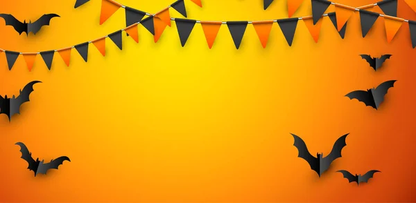 Cartel Halloween Naranja Con Murciélagos Banderas Fondo Vectorial — Vector de stock