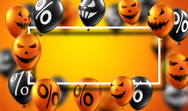 Cartel Halloween Con Marco Blanco Globos Negros Naranjas Venta Vacaciones — Vector de stock