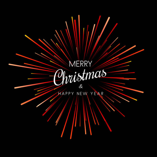 Merry Christmas and Happy New Year card with red firework. Vector background.