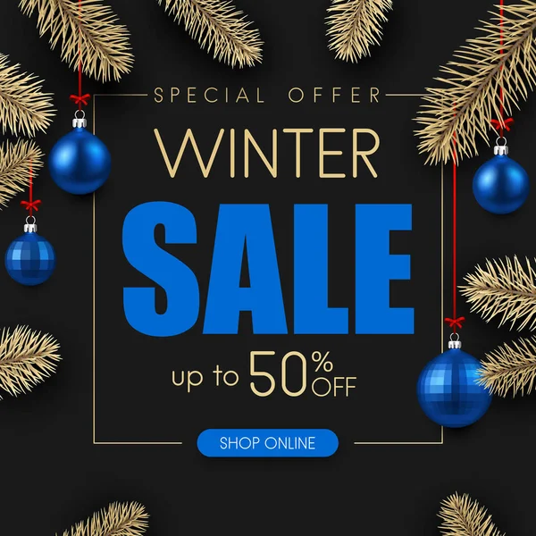 Winter Verkoop Promotie Poster Met Blauwe Kerstballen Spar Takken Speciale — Stockvector