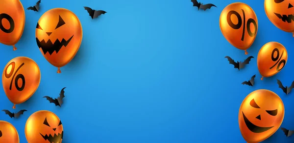 Blaues Halloween Poster Mit Fledermäusen Und Orangen Luftballons Ferienverkauf Vektorhintergrund — Stockvektor