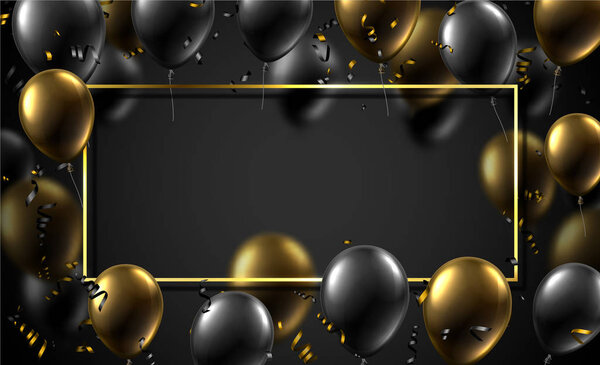 Festive poster with rectangular frame, black and golden shiny balloons and serpentine. Holiday design. Vector background.