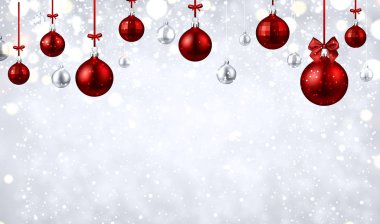 Kırmızı Noel topları ve kar ile parlak neşeli Noel ve mutlu yeni yıl poster