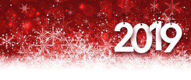 Güzel kar taneleri ile kırmızı 2019 yılbaşı banner