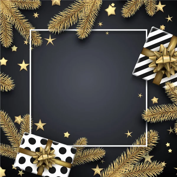 Joyeux Noël Bonne Année Carte Avec Cadre Blanc Branches Sapin — Image vectorielle
