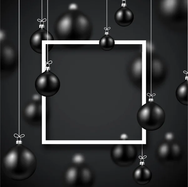 Gelukkig Nieuwjaar Kaartsjabloon Met Witte Vierkante Frame Zwarte Kerstballen — Stockvector