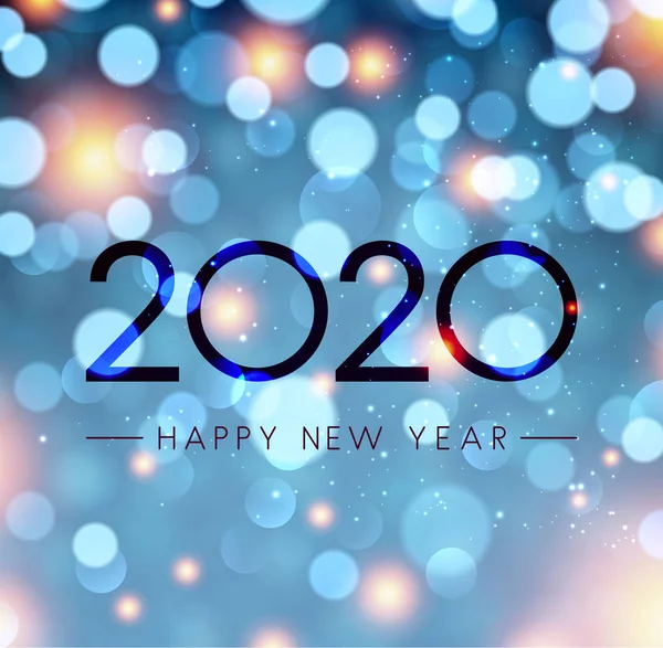 Cartaz Azul Brilhante Feliz Ano Novo 2020 Com Fundo Bokeh —  Vetores de Stock