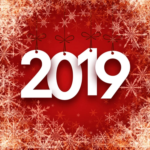 Tarjeta Felicitación Roja Año Nuevo 2019 Con Hermosos Copos Nieve — Vector de stock