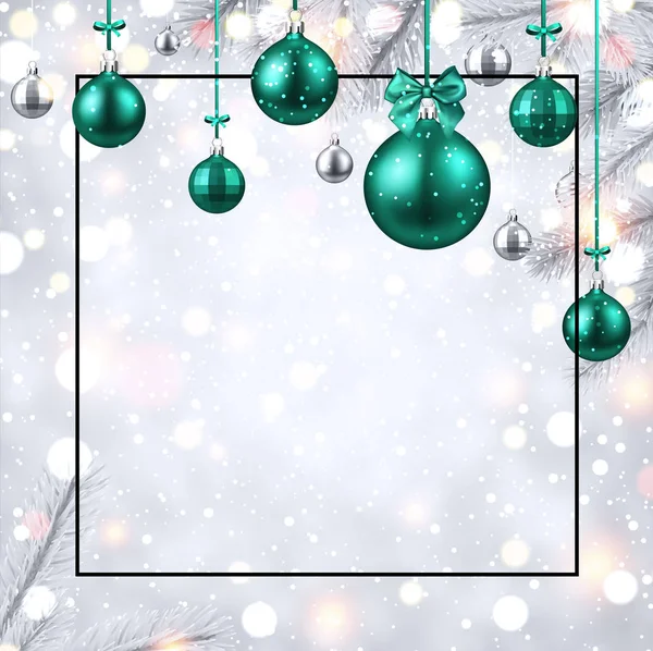 闪亮的圣诞快乐 新年快乐贺卡 有框架 冷杉树枝和绿色圣诞球 — 图库矢量图片