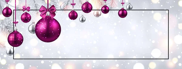 Glanzende Prettige Kerstdagen Gelukkig Nieuwjaar Spandoek Met Frame Roze Kerstballen — Stockvector