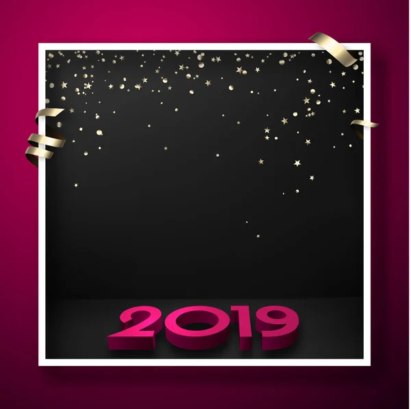 Poster Feliz Año Nuevo 2019 Con Figuras Rosas Confeti Oro — Vector de stock