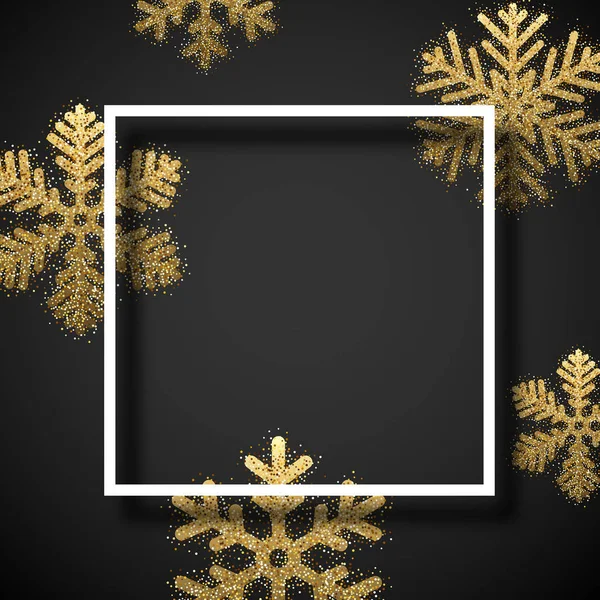 Christmas New Year Winter Card White Square Frame Gold Snowflakes — Stock Vector