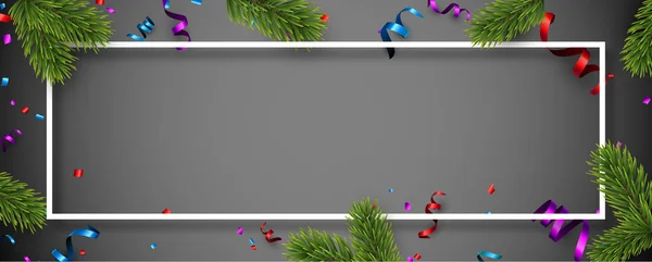 Різдвяний Новорічний Шаблон Ялинковими Гілками Білою Рамкою Барвистим Конфетті — стоковий вектор