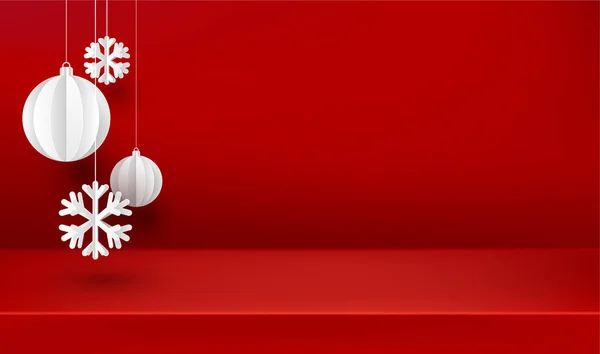红色圣诞节或新年海报与白纸装饰雪花和圣诞球 — 图库矢量图片