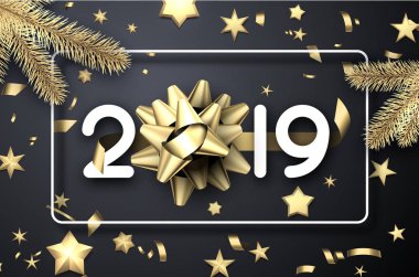 Altın Yay, köknar dallar, yıldızlar ve konfeti Grey ile Noel ve yeni yıl 2019 poster