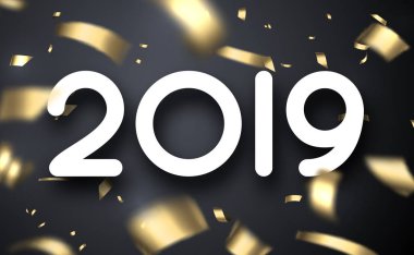 Gri zemin üzerine altın bulanık konfeti ile mutlu yeni yıl 2019 Festival posteri